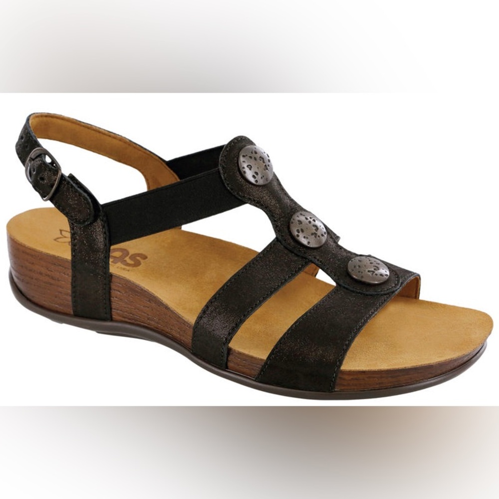 SAS Clover T-Strap Sandal Size 7.5 W Colour Navy & Brown All Day Comfort